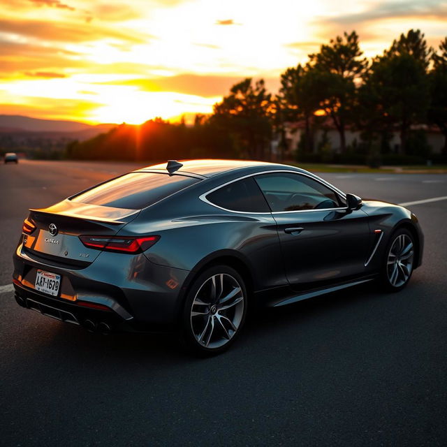 A sleek, modern car in a beautiful gray color, parked under a vibrant sunset that casts warm tones on the vehicle