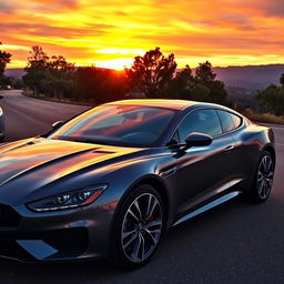 A sleek, modern car in a beautiful gray color, parked under a vibrant sunset that casts warm tones on the vehicle