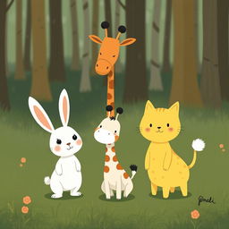 A cute little white rabbit, an adorable giraffe, and a charming small yellow cat are happily standing together on the grassy ground of a forest