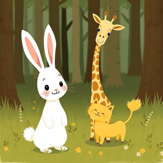 A cute little white rabbit, an adorable giraffe, and a charming small yellow cat are happily standing together on the grassy ground of a forest