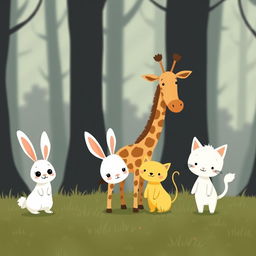 A cute little white rabbit, an adorable giraffe, and a charming small yellow cat are happily standing together on the grassy ground of a forest