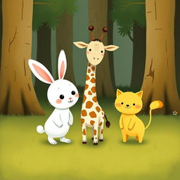 A cute little white rabbit, an adorable giraffe, and a charming small yellow cat are happily standing together on the grassy ground of a forest