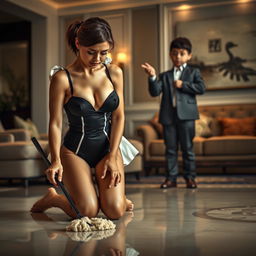 A sad mature maid in a stylish bikini kneels on a polished floor, scrubbing with a look of resignation on her face