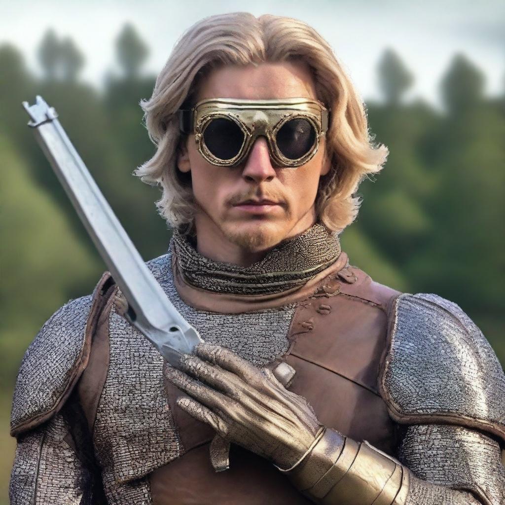 Create a portrait of a fair-skinned male with dirty blonde hair, donned in scale mail armor and goggles, masterfully wielding an old fashioned pistol in each hand