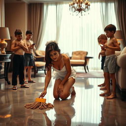 A sad mature maid in a stylish bikini is kneeling on a polished floor, scrubbing it with a look of resignation on her face