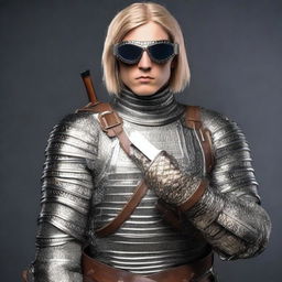 Create a portrait of a fair-skinned male with dirty blonde hair, donned in scale mail armor and goggles, masterfully wielding an old fashioned pistol in each hand