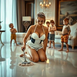 A sad mature maid in a stylish bikini is kneeling on a polished floor, scrubbing it with a look of resignation on her face