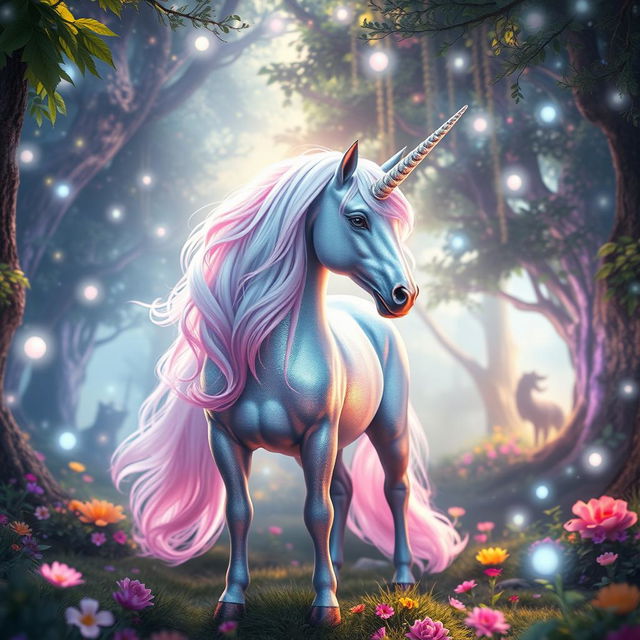 A mystical unicorn standing majestically in a magical fantasy forest, with shimmering iridescent fur and a spiraling silver horn