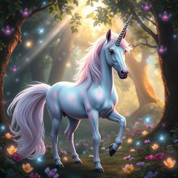 A mystical unicorn standing majestically in a magical fantasy forest, with shimmering iridescent fur and a spiraling silver horn