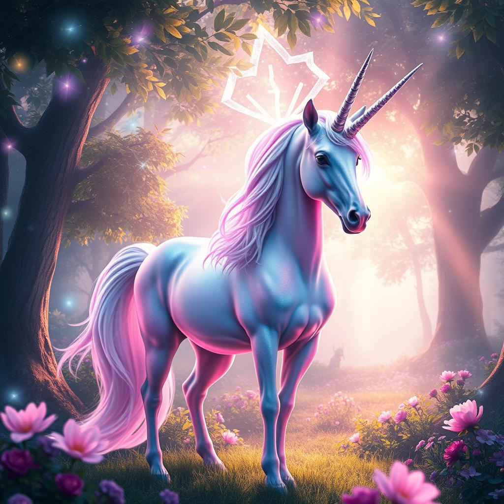 A mystical unicorn standing majestically in a magical fantasy forest, with shimmering iridescent fur and a spiraling silver horn