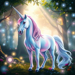 A mystical unicorn standing majestically in a magical fantasy forest, with shimmering iridescent fur and a spiraling silver horn