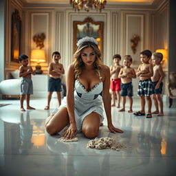 A sad mature maid in a stylish bikini is kneeling on a polished floor, scrubbing it with a somber look on her face