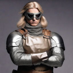 Create a portrait of a fair-skinned male with dirty blonde hair, donned in scale mail armor and goggles, masterfully wielding an old fashioned pistol in each hand