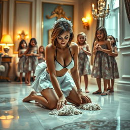 A sad mature maid in a stylish bikini kneels on a polished floor, scrubbing with a look of weariness on her face