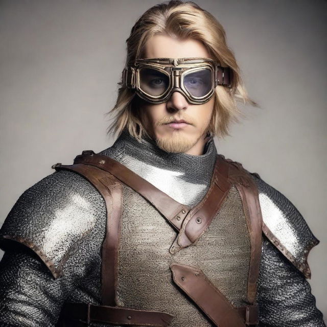 Create a portrait of a fair-skinned male with dirty blonde hair, donned in scale mail armor and goggles, masterfully wielding an old fashioned pistol in each hand