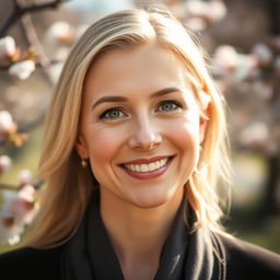 A portrait of a 35-year-old woman with fair skin and light hair, elegantly styled