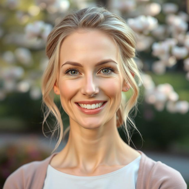 A portrait of a 35-year-old woman with fair skin and light hair, elegantly styled