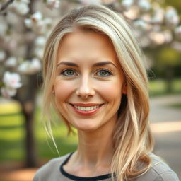 A portrait of a 35-year-old woman with fair skin and light hair, elegantly styled