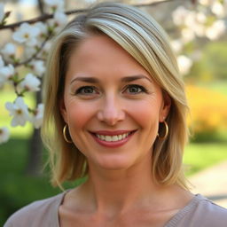 A portrait of a 35-year-old woman with fair skin and light hair, elegantly styled
