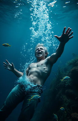 A dramatic underwater scene depicting a person struggling and sinking into the depths of the ocean