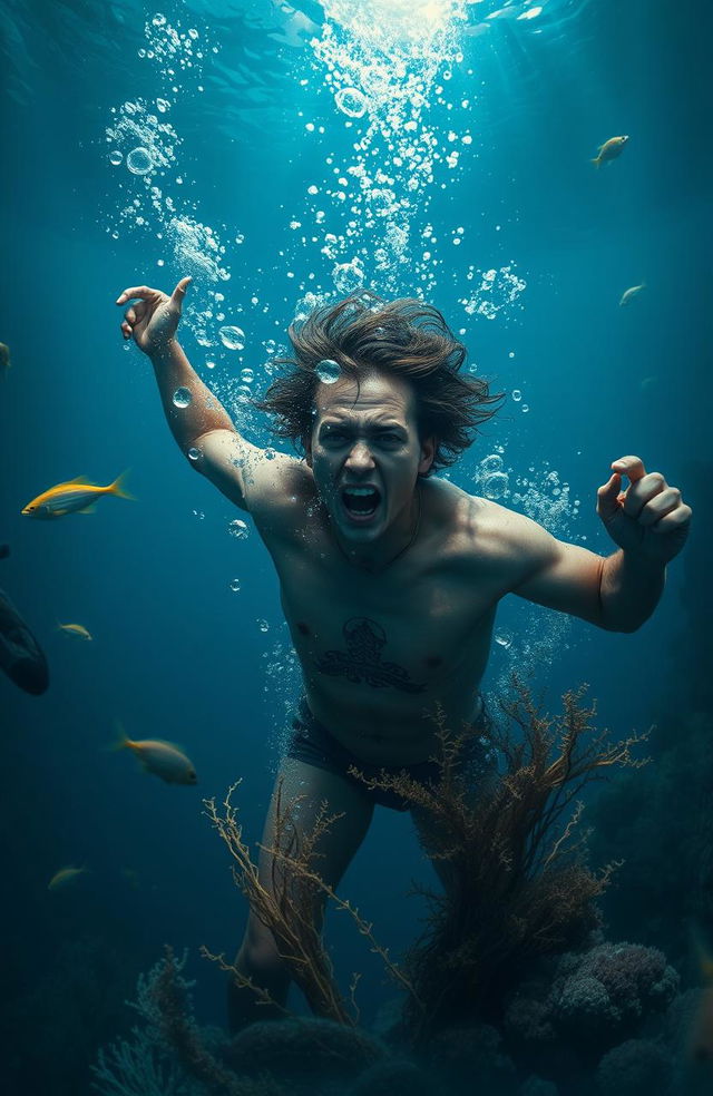 A dramatic underwater scene depicting a person struggling and sinking into the depths of the ocean