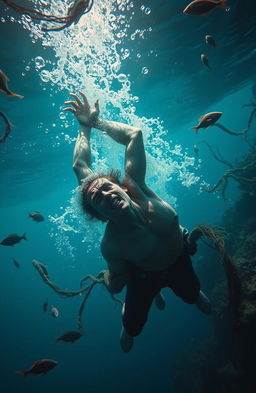 A dramatic underwater scene depicting a person struggling and sinking into the depths of the ocean