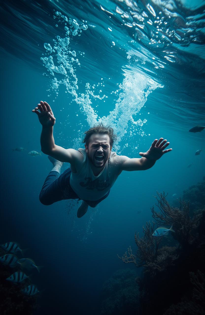 A dramatic underwater scene depicting a person struggling and sinking into the depths of the ocean