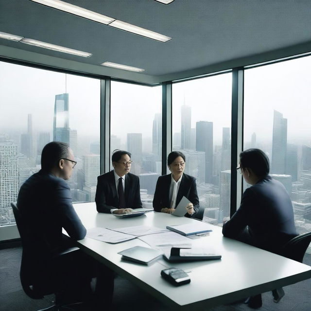 Journalists with notepads and recorders interview informants inside a slick, modern office building, a futuristic cityscape visible in the backdrop through expansive glass windows