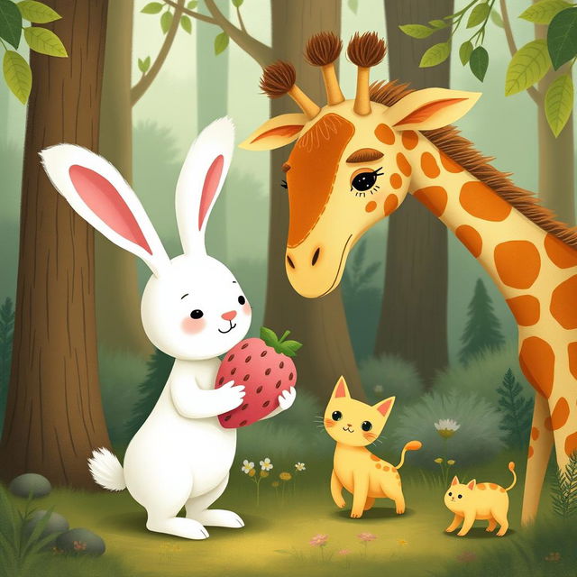 In a cozy forest setting, a cute little white rabbit is giving a pink strawberry plush doll to an adorable giraffe