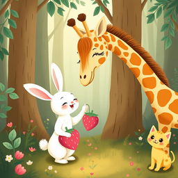 In a cozy forest setting, a cute little white rabbit is giving a pink strawberry plush doll to an adorable giraffe