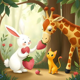 In a cozy forest setting, a cute little white rabbit is giving a pink strawberry plush doll to an adorable giraffe