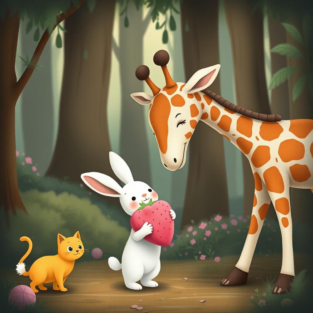 In a cozy forest setting, a cute little white rabbit is giving a pink strawberry plush doll to an adorable giraffe