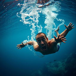 A dramatic underwater scene showing a person sinking into the ocean depths, surrounded by bubbles and the swirling currents of water