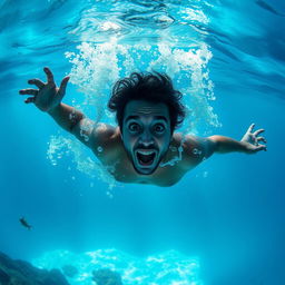 A dramatic underwater scene showing a person sinking into the ocean depths, surrounded by bubbles and the swirling currents of water