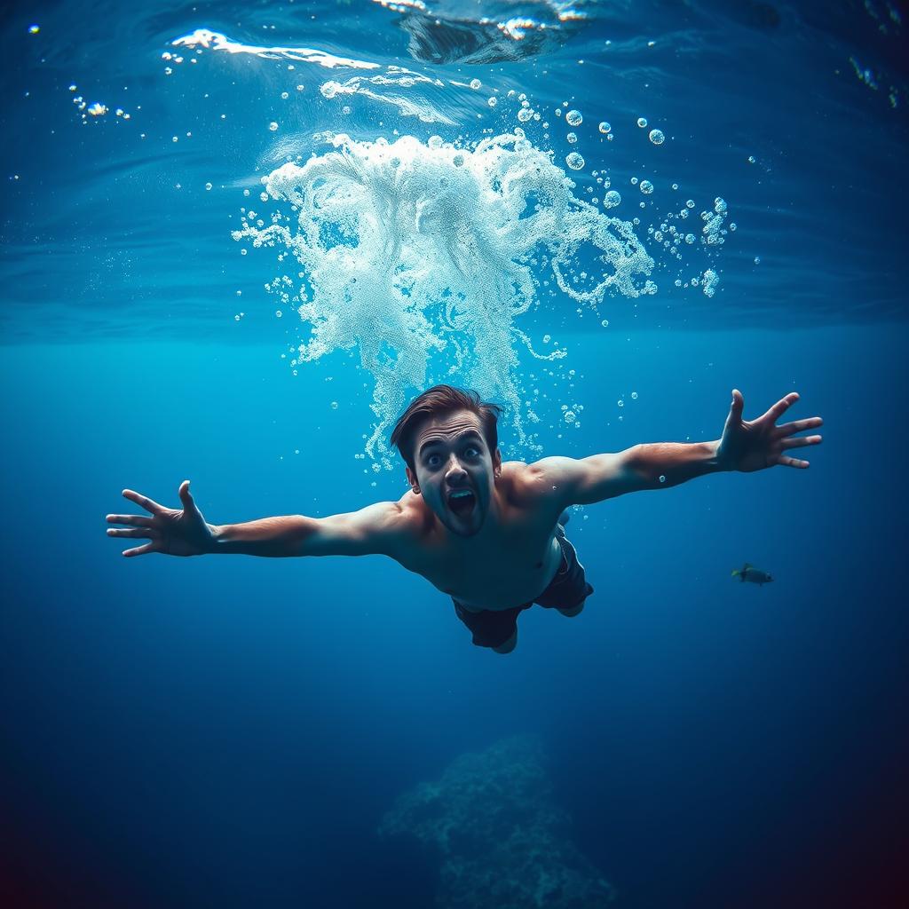 A dramatic underwater scene showing a person sinking into the ocean depths, surrounded by bubbles and the swirling currents of water