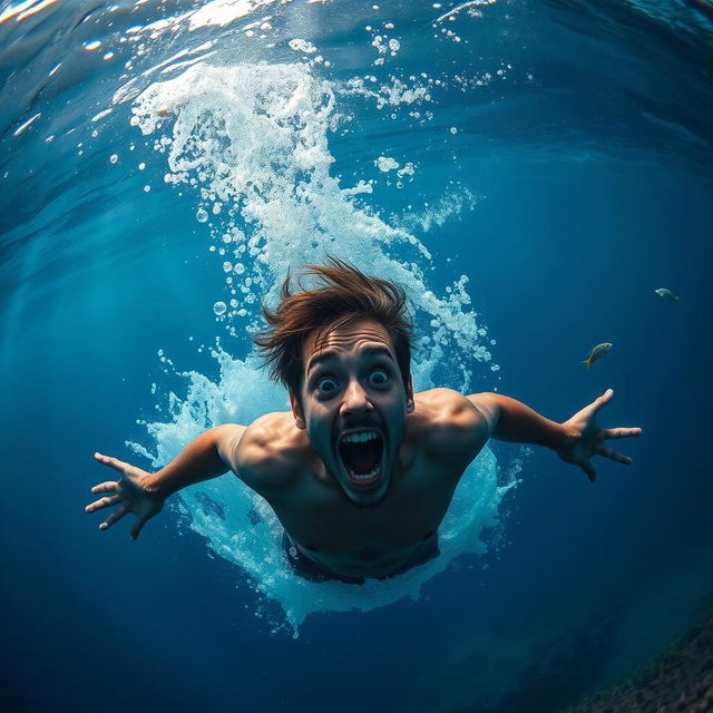 A dramatic underwater scene showing a person sinking into the ocean depths, surrounded by bubbles and the swirling currents of water
