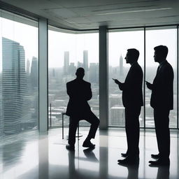 Journalists with notepads and recorders interview informants inside a slick, modern office building, a futuristic cityscape visible in the backdrop through expansive glass windows