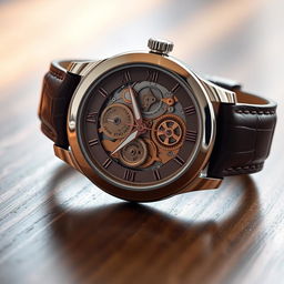 A beautifully designed wristwatch with intricate gears visible through a transparent case back, featuring a classic round face with Roman numerals and elegant hour and minute hands