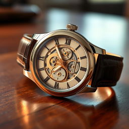 A beautifully designed wristwatch with intricate gears visible through a transparent case back, featuring a classic round face with Roman numerals and elegant hour and minute hands