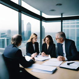 Journalists with notepads and recorders interview informants inside a slick, modern office building, a futuristic cityscape visible in the backdrop through expansive glass windows