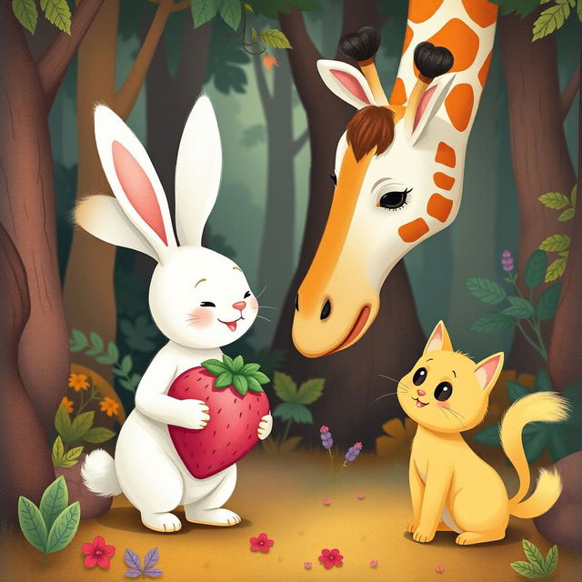 In a whimsical forest, a cute little white rabbit is presenting a pink strawberry plush doll to an adorable giraffe