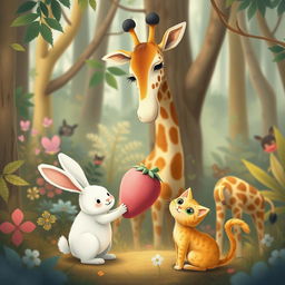 In a whimsical forest, a cute little white rabbit is presenting a pink strawberry plush doll to an adorable giraffe