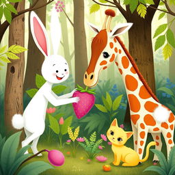 In a whimsical forest, a cute little white rabbit is presenting a pink strawberry plush doll to an adorable giraffe