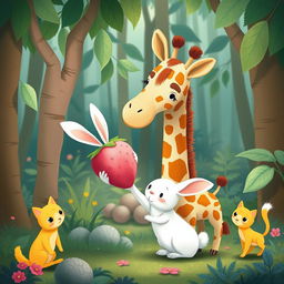 In a whimsical forest, a cute little white rabbit is presenting a pink strawberry plush doll to an adorable giraffe