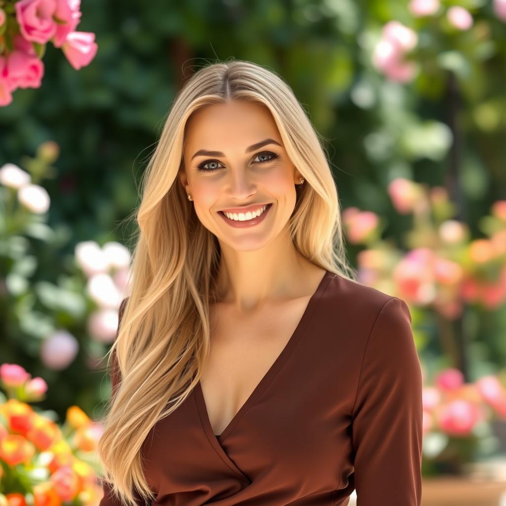 A beautiful 35-year-old woman with long, light blonde hair, wearing a stylish and elegant outfit