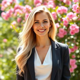 A beautiful 35-year-old woman with long, light blonde hair, wearing a stylish and elegant outfit