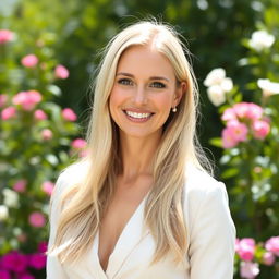 A beautiful 35-year-old woman with long, light blonde hair, wearing a stylish and elegant outfit