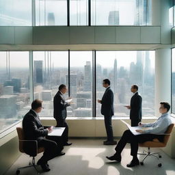 Journalists with notepads and recorders interview informants inside a slick, modern office building, a futuristic cityscape visible in the backdrop through expansive glass windows