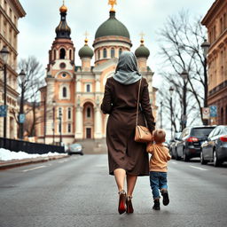 A curvy woman with an hourglass figure walks gracefully down the street towards a grand cathedral