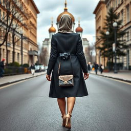 A curvy woman with an hourglass figure walks gracefully down the street towards a grand cathedral